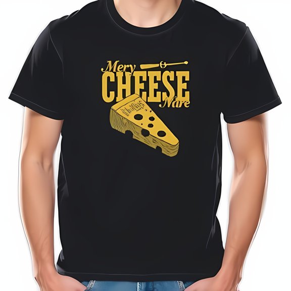 Whimsical Cotton Short Sleeve T-Shirt - " Merry Cheese " with Swiss Cheese Illustration & Playful Knife Design