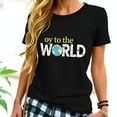 thumbnail image 1 of Whimsical Cotton Short Sleeve T-Shirt - " Oy to the WORLD " with Colorful Globe Design - Casual Fun Tee, 1 of 5