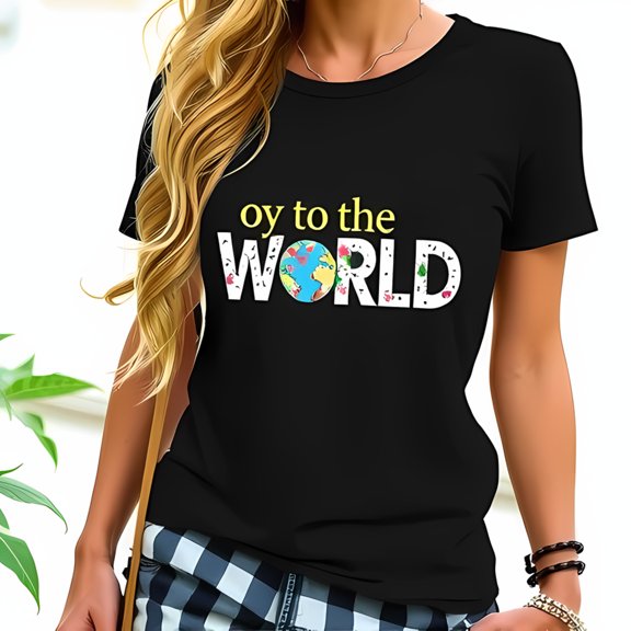 Whimsical Cotton Short Sleeve T-Shirt - " Oy to the WORLD " with Colorful Globe Design - Casual Fun Tee