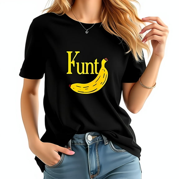 Whimsical Cotton Short Sleeve T-Shirt with Bright Yellow Banana Graphic and 'Funt' Text - Casual Fun Style