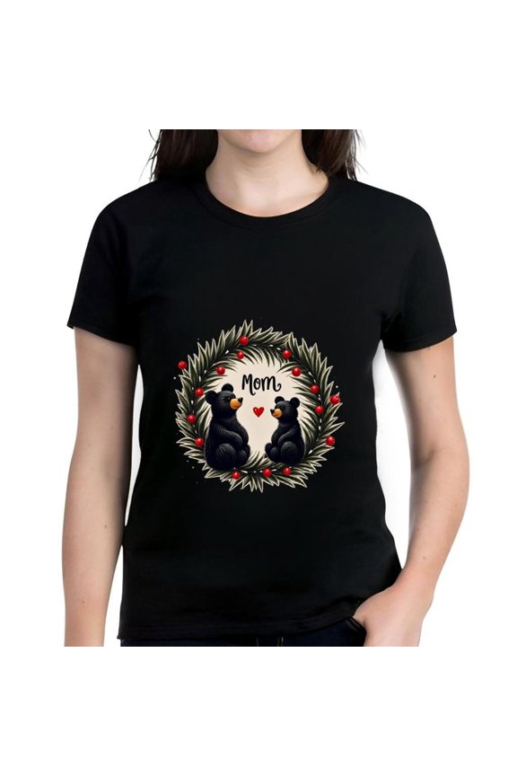 Whimsical Cotton Short Sleeve T-Shirt with Colorful Black Bear Design 'Mom' Text Green Leaves & Red Berries