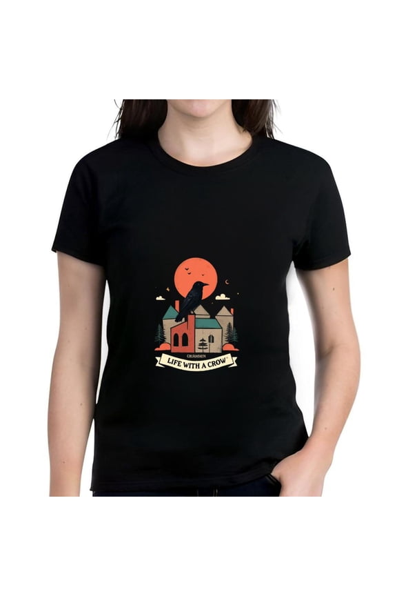 Whimsical Cotton Short Sleeve T-Shirt with Colorful Crow Graphic Sunset & Artistic House Design - " LIFE WITH A CREW "