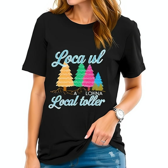 Whimsical Cotton Short Sleeve T-Shirt with Colorful Trees & Playful 'Loca usl' Design