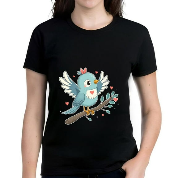 Whimsical Cotton Short Sleeve T-Shirt with Playful Design Light Blue Feathers & Red Hearts