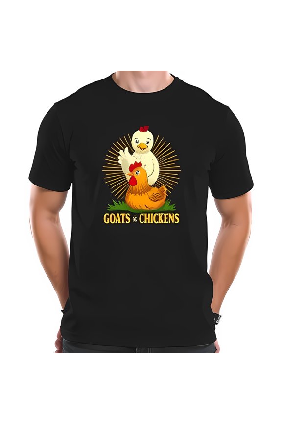 Whimsical Cotton Short Sleeve T-Shirt with Proud Goat & Cheerful Chicken Design Pattern