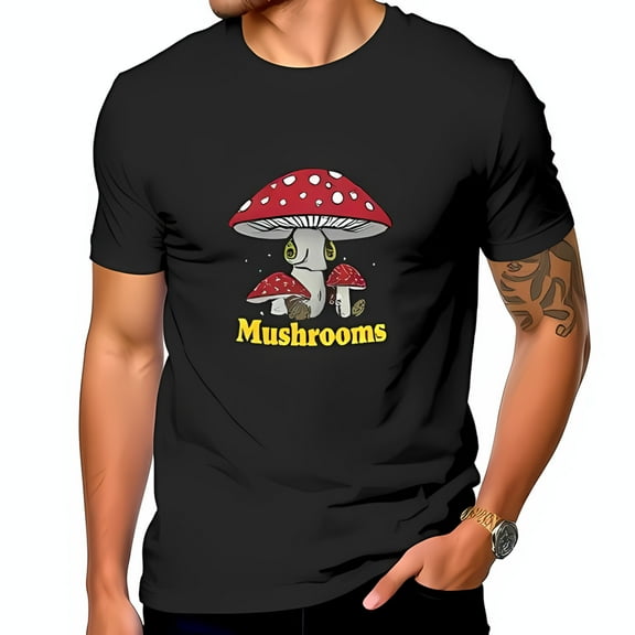 Whimsical Cotton Short Sleeve T-Shirt with Red-and-White Mushroom Illustration & Retro 'Mushrooms' Print