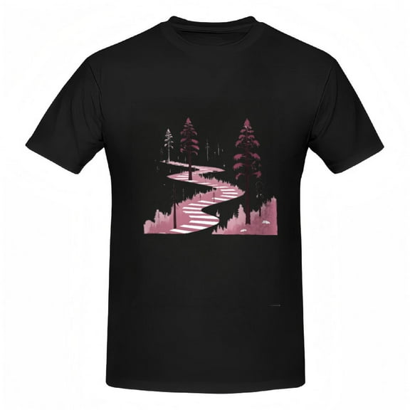 Whimsical Cotton Short Sleeve T-Shirts for Women - Striped Pink & White Tee Tops with Surreal Forest Path Design