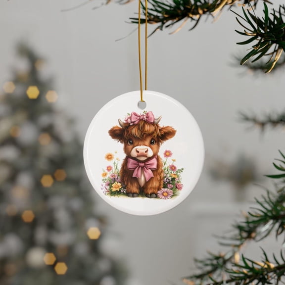 Whimsical Cow Ceramic Ornament Farmhouse Christmas Decor 2D FLAT CIRCLE Ceramic Ornament