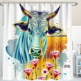 thumbnail image 1 of Whimsical Cow Shower Curtain - Colorful Blue & Yellow Design with Wheat Field & Pink Flowers, 1 of 5