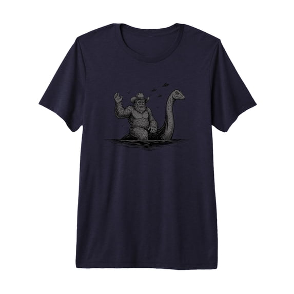 Whimsical Cowboy Sasquatch Riding Loch Ness Monster Cryptid Premium Tri-Blend T-Shirt
