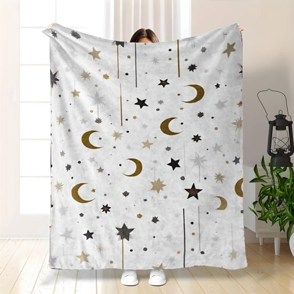 Whimsical, Cozy Star & Moon Flannel Throw Blanket | Soft, Warm, Allergy-Friendly, Polyester, 280gsm, Perfect for Couch, Bed, Office, Naps, Halloween & Christmas Gifts, Small Cover