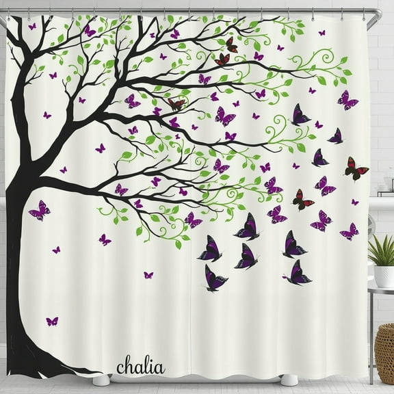 Whimsical Cream Shower Curtain with Black Tree, Green Vines & Purple Butterflies - Serene Bathroom Decor