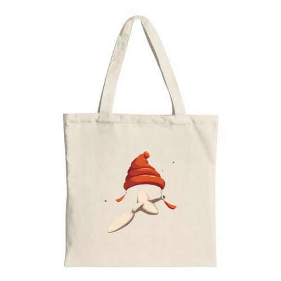 Whimsical Cream Tote Bag with Cartoon Character in Red Hat & White Tail - Perfect for Shopping Travel & Parties