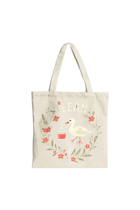 Cream Tote Bag with Duck & Coffee Design Floral Patterns Perfect for Shopping Travel & Parties - Reusable Canvas Bag
