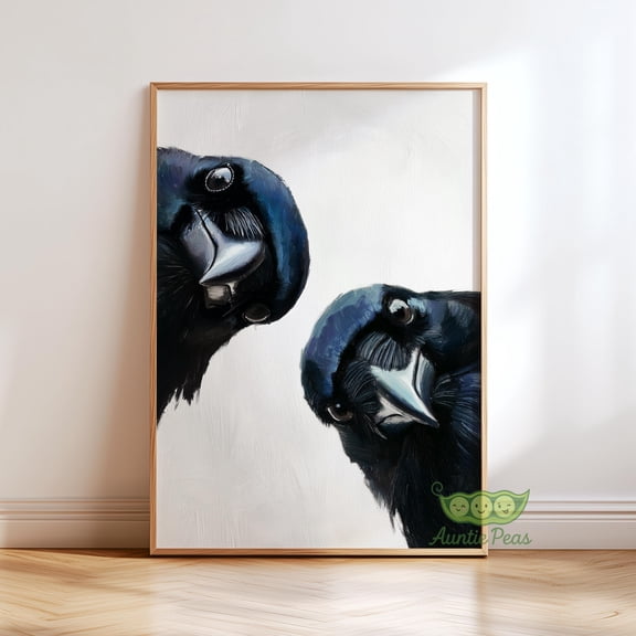 Whimsical Crows Wall Art, Curious Bird Painting, Raven Portrait Art Print, Moody Animal Artwork, Modern Rustic Home Decor, Bird Lover Gift