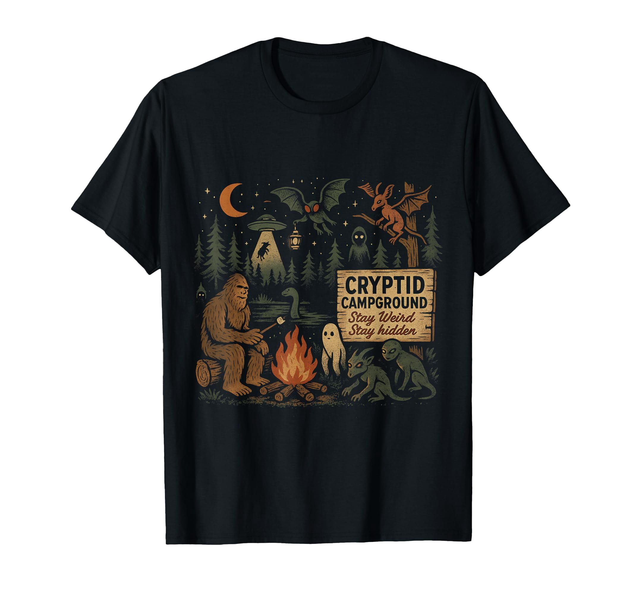 Whimsical Cryptid Campground T-Shirt Featuring Bigfoot, Mothman, Aliens ...