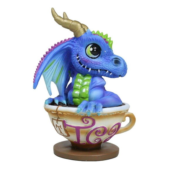 Whimsical Cup Of Tea Blue Baby Dragon With Green Spikes In Teacup Figurine