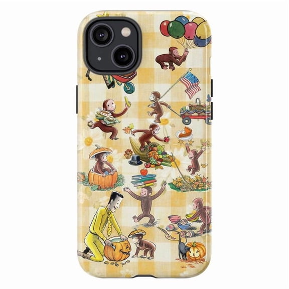 Whimsical Curious Monkey Fall Harvest and Pumpkin Carving Phone Case, Durable Protective Cover Compatible with iPhone Models 16 15 14 13 12 11 Pro Max Plus Mini