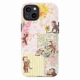 thumbnail image 1 of Whimsical Curious Monkey Phone Case, Pink Floral Patchwork Design Cover for iPhone 17 16 15 14 13 12 11 Pro Plus Mini, 1 of 6