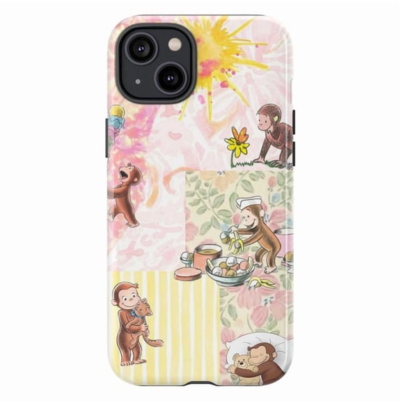 Whimsical Curious Monkey Phone Case, Pink Floral Patchwork Design Cover for iPhone 17 16 15 14 13 12 11 Pro Plus Mini