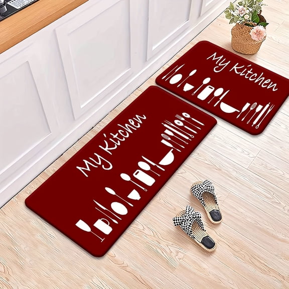 Whimsical Cutlery Flannel Kitchen Mats Set - Non-Slip, Machine Washable Indoor/Outdoor Rug for Dining, Bar Decor