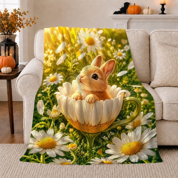 Whimsical Daisy Meadow Rabbit, Cozy Woodland Scene, Warm Flannel Blanket for Living Room and Bedroom with Detailed Artwork, Wildlife Lovers Easter Gift, Festive Home Decor