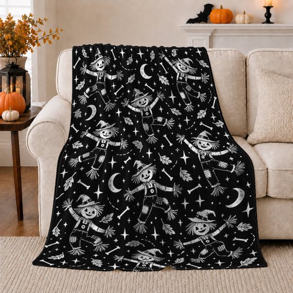 Whimsical Dancing Scarecrows Autumn Leaves Playful autumn celebration, Warm Flannel Blanket for Living Room and Family Room, Festive autumn celebration Scene, Art Lovers autumn celebration Gift