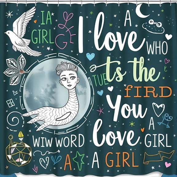 Whimsical Dark Teal Shower Curtain with Moon Stars & Floral Illustrations - Unique Bathroom Decor