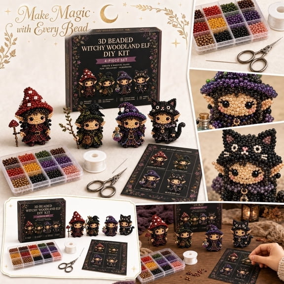 Bead Organizers and Storage Set, 3D Beaded Witchy Woodland Elf Diy Beading Kit, Enchanted Forest Themed Halloween Birthday Party Decor Craft, Cute Small Figurine Desk Decoration
