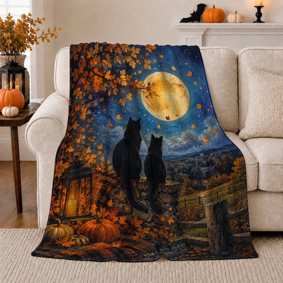 Whimsical Deep Blue Autumn Night Glowing Moon Black, Mystical Pet Portrait Pattern, Warm Flannel Blanket for Living Room and Reading Nook, Cat Lovers Halloween Gift, Pet Lover Home Decor
