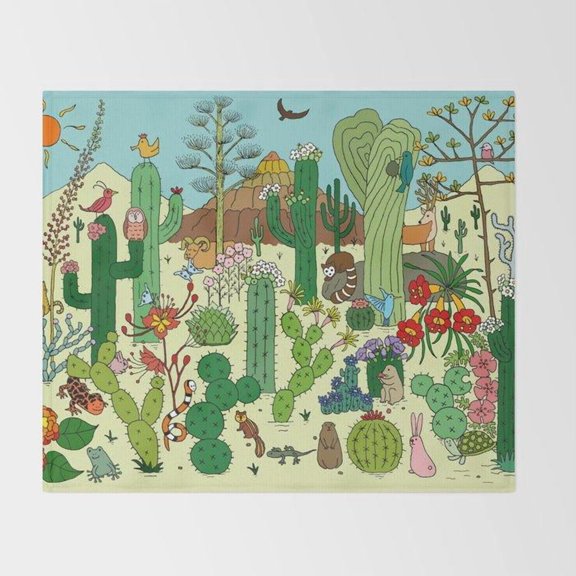 Whimsical Desert Cacti and Animals Aqua Blue Polyester Fleece Blanket, 280 GSM, Nature Theme for Couch or Bed