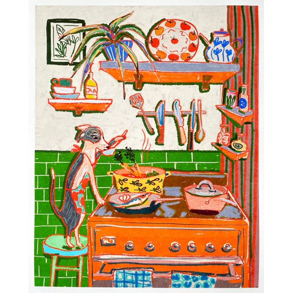 Whimsical Dinner Time Dog Art Print - Chef Kiss Wall Decor, Kitchen Decor, Wall Art Canvas