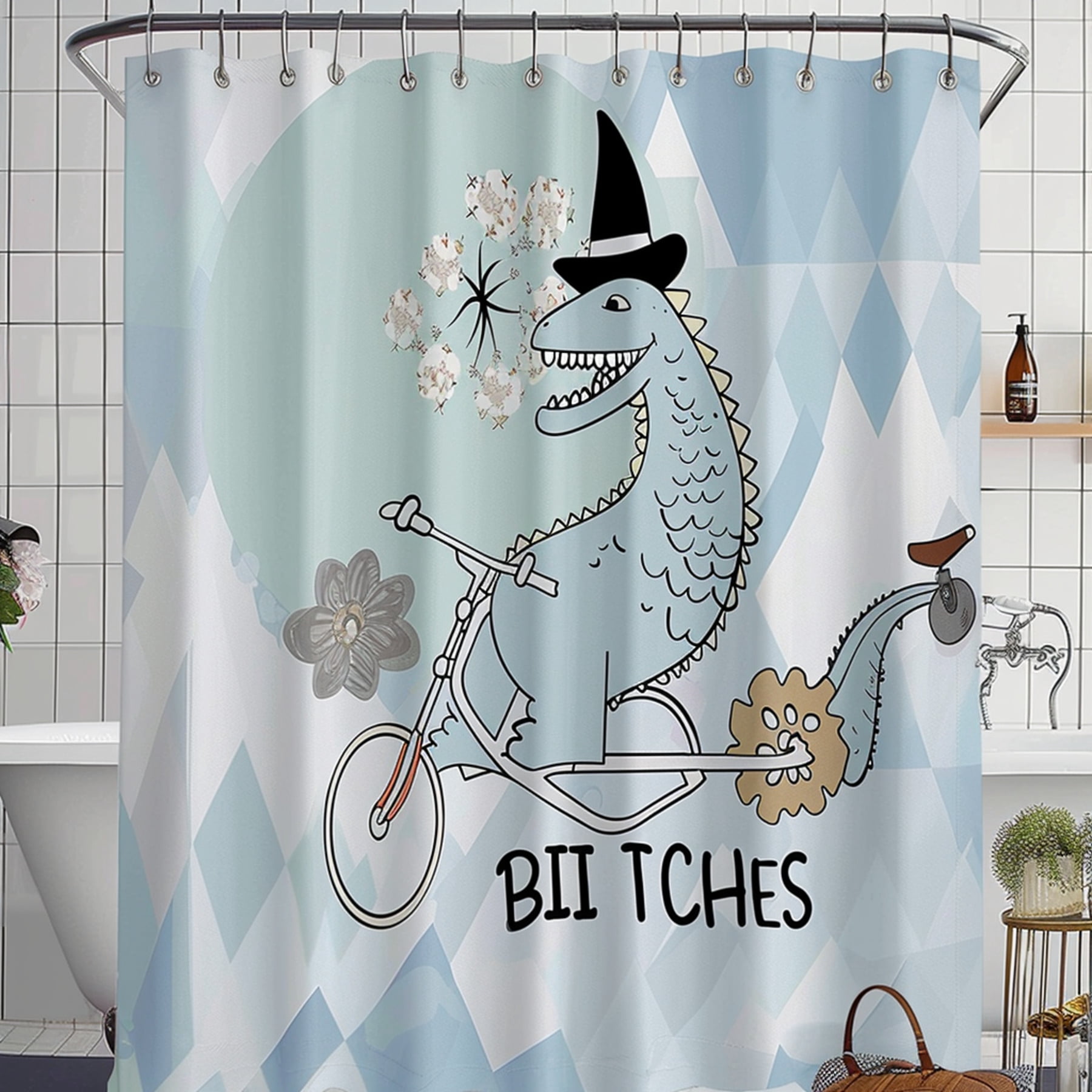 Whimsical Dinosaur Bike Ride Shower Curtain Vintage Style Home Decor
