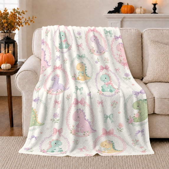 Whimsical Dinosaur Cameo Portrait Pattern Sweet Storybook Style, Cozy Friendship Quote Scene, Warm Flannel Blanket for Living Room and Reading Nook, Art Lovers Friendship Gift, Playful Home Decor