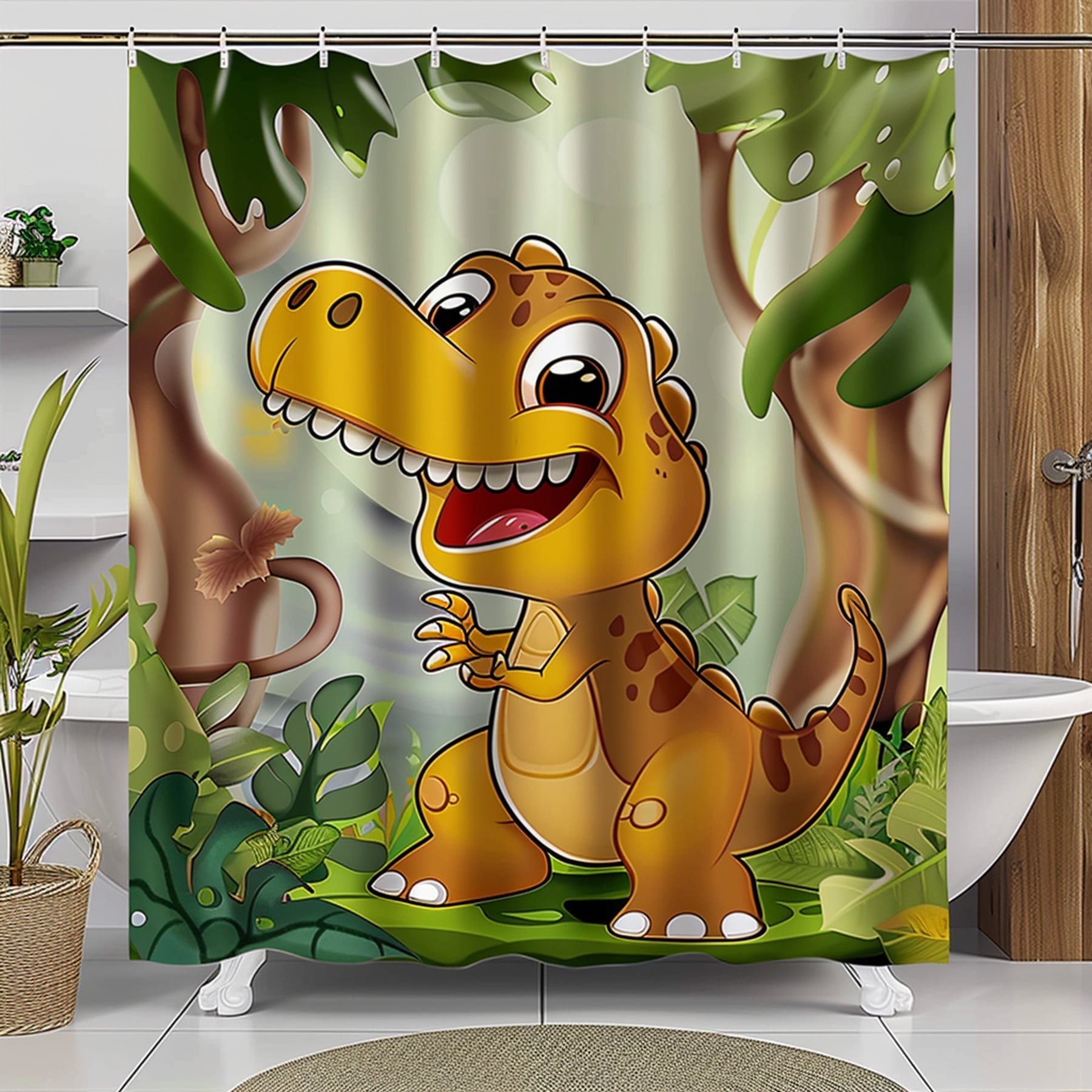 Whimsical Dinosaur Jungle Adventure Shower Curtain Vibrant Colors Cute ...