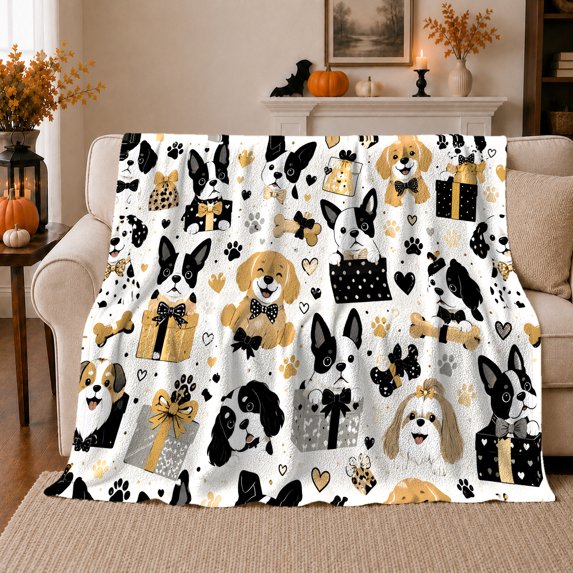 Whimsical Dog Breed Pattern Boxes Paw Prints Illustrative, Playful Pet Portrait Pattern, Warm Flannel Blanket for Living Room and Reading Nook, Dog Lovers Christmas Gift, Pet Lover Home Decor