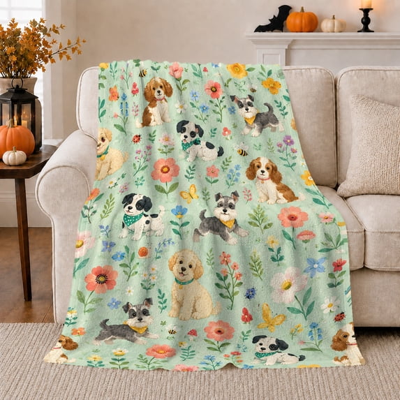 Whimsical Dog Floral Illustration, Playful Pet Portrait Pattern, Warm Flannel Blanket for Living Room and Bedroom, Dog Lovers Just Because Gift, Pet Lover Home Decor