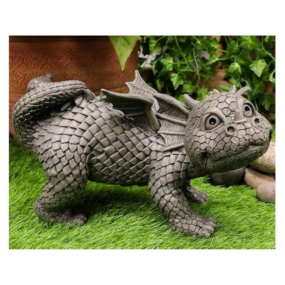 Whimsical Dog Style Peeing Garden Dragon Statue 12" Long Cute Naughty Baby Dragon Cocking Leg Faux Stone Resin Finish Figurine