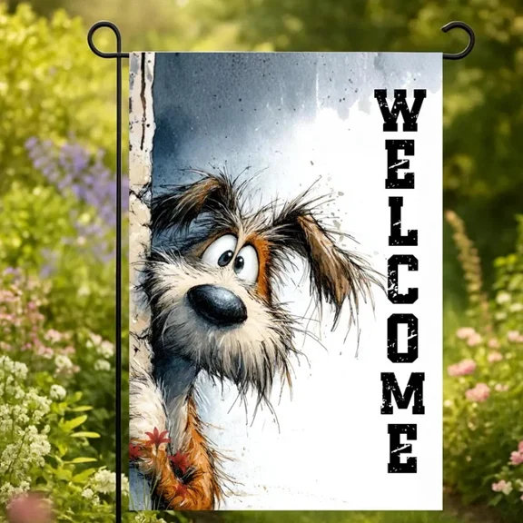 Whimsical Dog flag Welcome Sign, Funny Puppy Yard flag, Rustic 28x40 POLE NOT INCLUDED House Flag