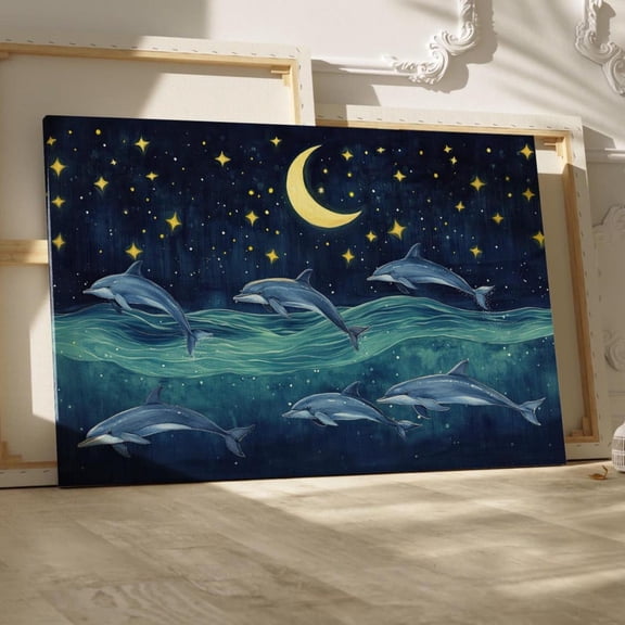 Whimsical Dolphin Pod Under Moon Starry Night Sky Crescent Sea Life Home Decor, Unframed Poster