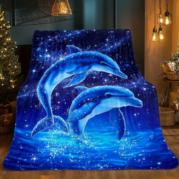 Whimsical Dolphins Starry Night Sky Flannel Blanket Lightweight Soft Warm Fabric Digital Print Design for Home Office Sofa Bed Travel Camping All Season Use Travel Comfort Whimsical Design