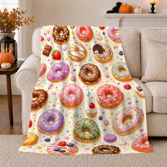 Whimsical Donut Illustration, Cheerful Design, Warm Flannel Blanket for Living Room and Bedroom, Art Lovers Housewarming Gift, Artistic Home Decor