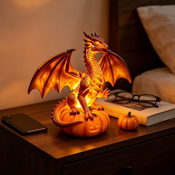 Whimsical Dragon Pumpkin Decorative Table Lamp, Gothic Medieval Fantasy Warm Glow Light, Resin Dragon Statue for Halloween Fall Home Desktop Shelf Decor Gift