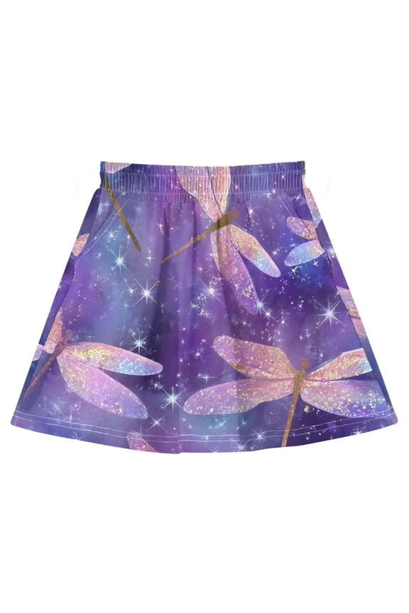 Whimsical Dragonflies Pattern Cotton Skirt Built-in Liner Elastic A-Line Flared Skirt with Pockets