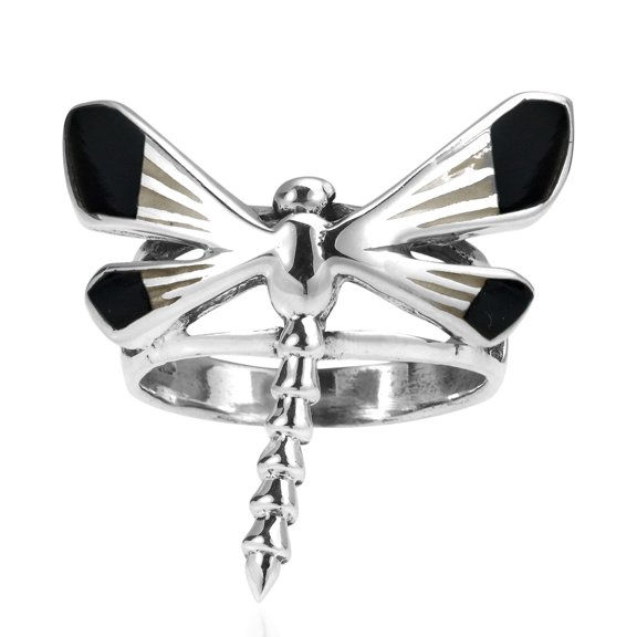 Whimsical Dragonfly Black Onyx Inlay Wings .925 Sterling Silver Ring - 10