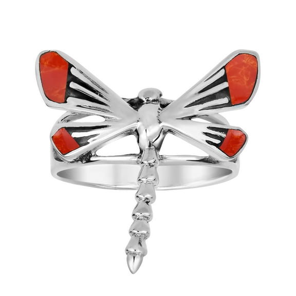 Whimsical Dragonfly Red Coral Inlay Wings .925 Sterling Silver Ring - 7