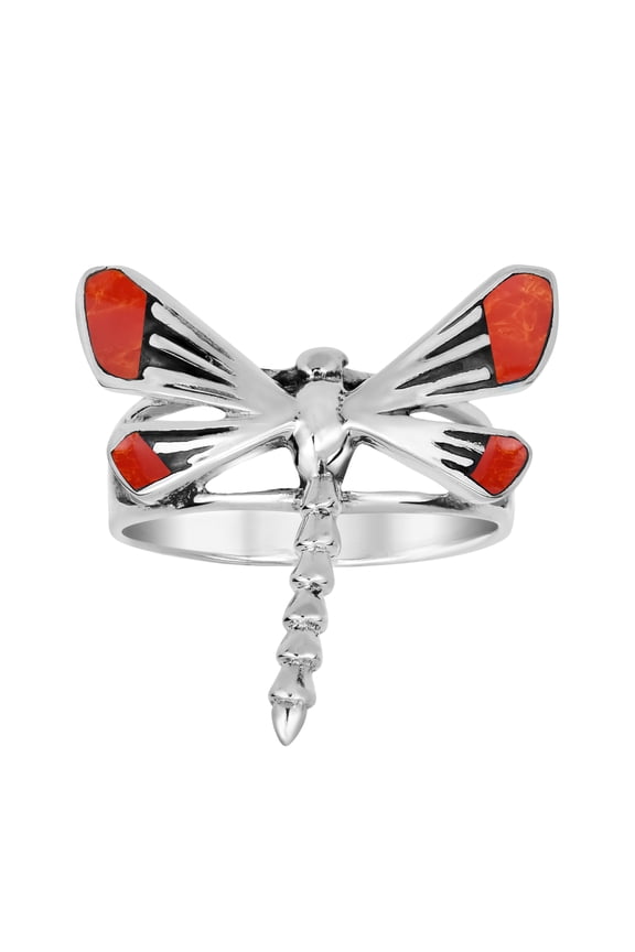 Whimsical Dragonfly Red Coral Inlay Wings .925 Sterling Silver Ring - 7