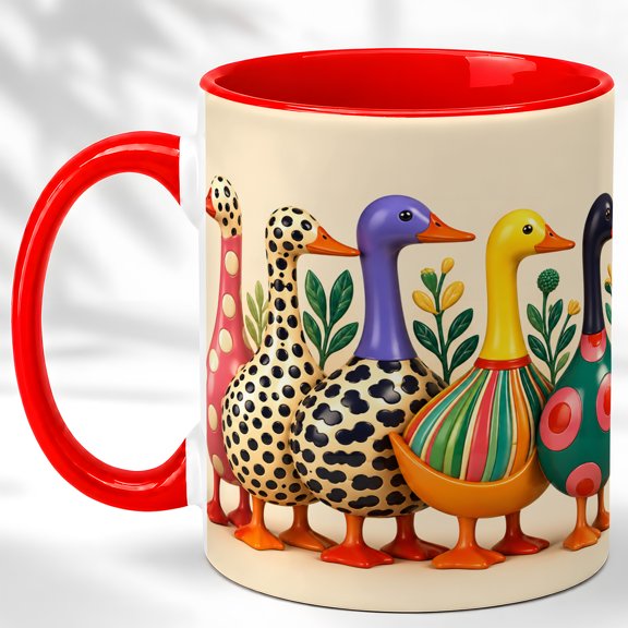 Whimsical Ducks Coffee Mug, Colorful Bird Mug, Ceramic 11 oz
