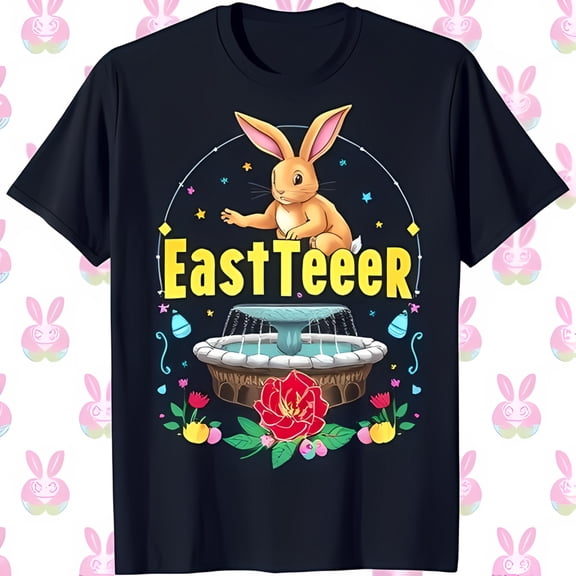 Whimsical Easter Black T-Shirt with Cartoon Rabbit Carrot Fountain & Eggs