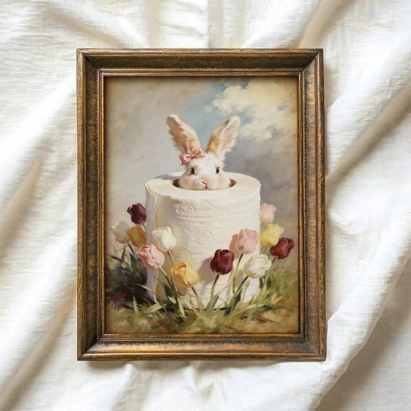 Whimsical Easter Bunny Bathroom Print,floral Toilet Paper Bathroom Wall Art,cottagecore Decor Poster, Poster Only